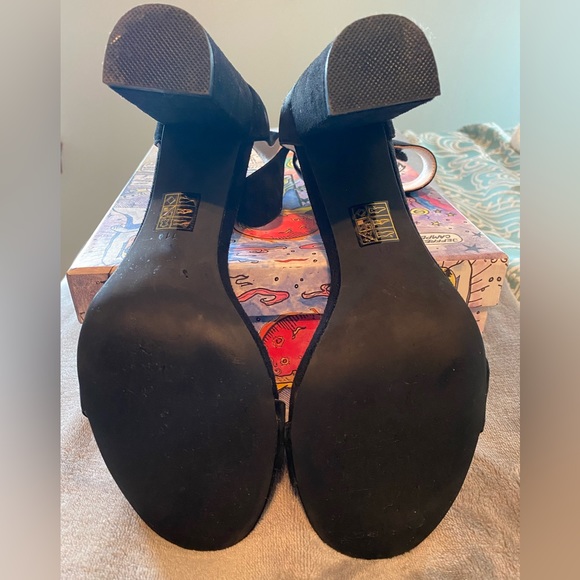 Black suede high heel sandals with Velcro ankle strap. - Picture 4 of 5